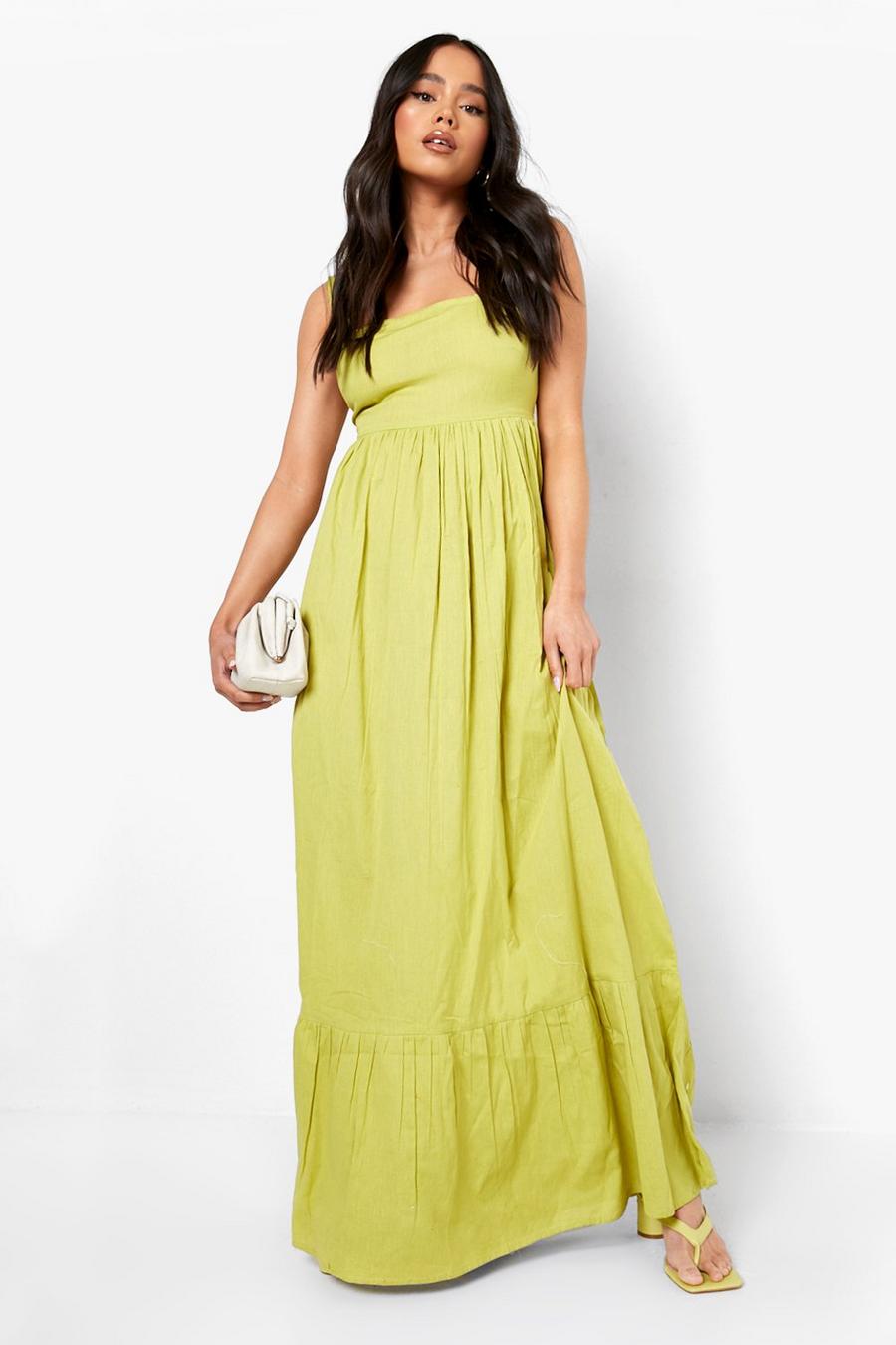 Chartreuse yellow Petite Linen Look Square Neck Tie Back Maxi Dress