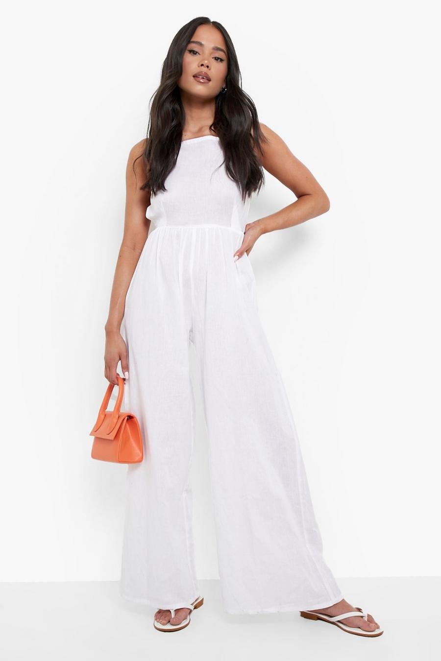 White Petite Linen Look Strappy Back Wide Leg Jumpsuit image number 1