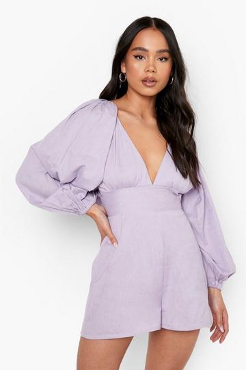 Lilac Purple Petite Linen Look Volume Sleeve Short Playsuit