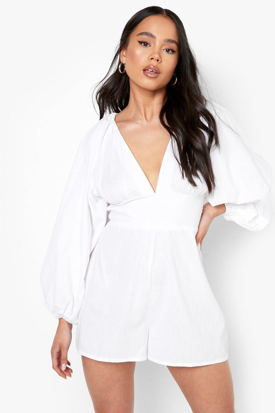 White Petite Linen Look Puff Sleeve Short Romper image number 1
