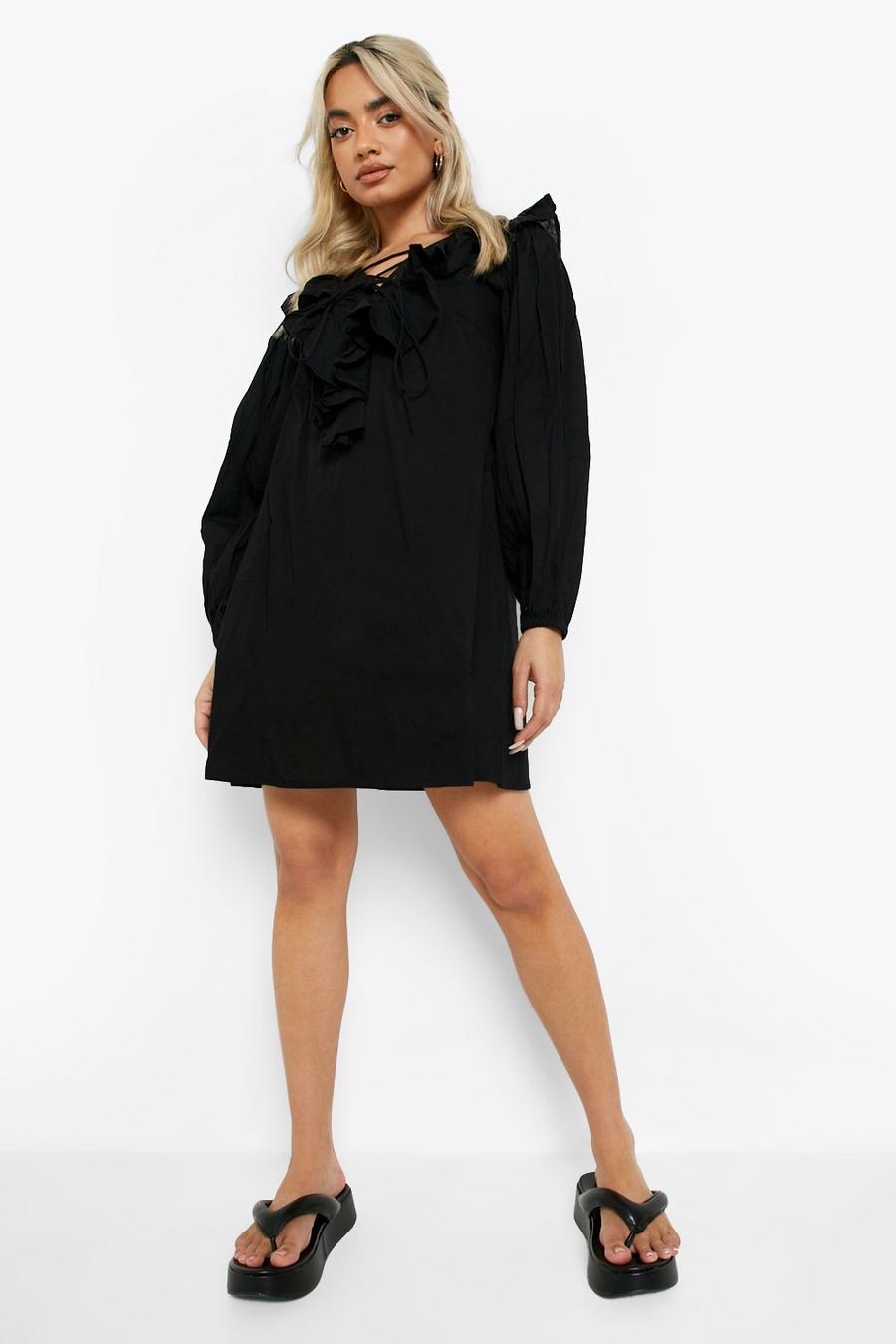 Black שמלת סמוק מכותנה עם שרוכים ומלמלה, פטיט image number 1