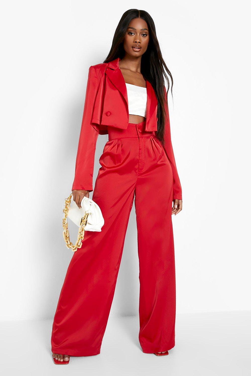 Red Satin High Waist Wide Leg Pants