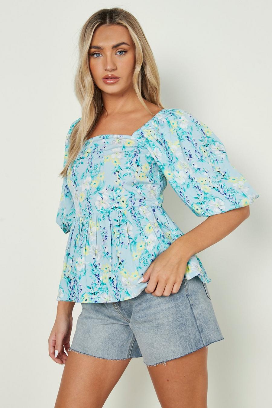 Blue Floral Puff Sleeve Smock Top 