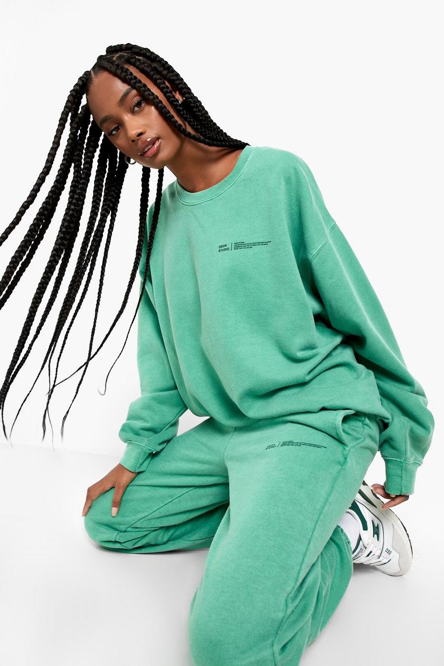 Green Text Print Embroidered Overdyed Tracksuit image number 1