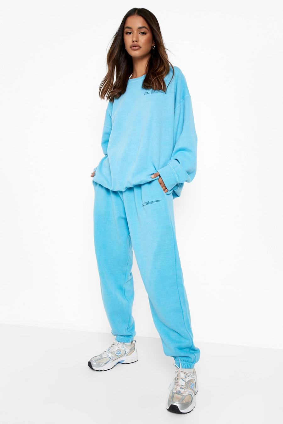 Aqua blue Text Print Embroidered Overdyed Tracksuit
