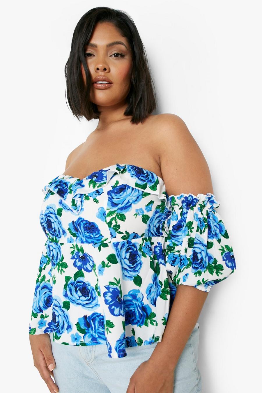 Blue Plus Floral Ruffle Detail Smock Top image number 1