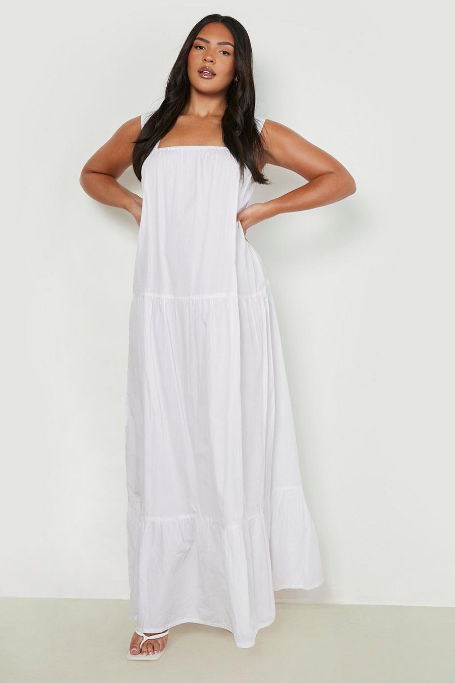 White Plus Cotton Wide Strap Tiered Maxi Dress image number 1