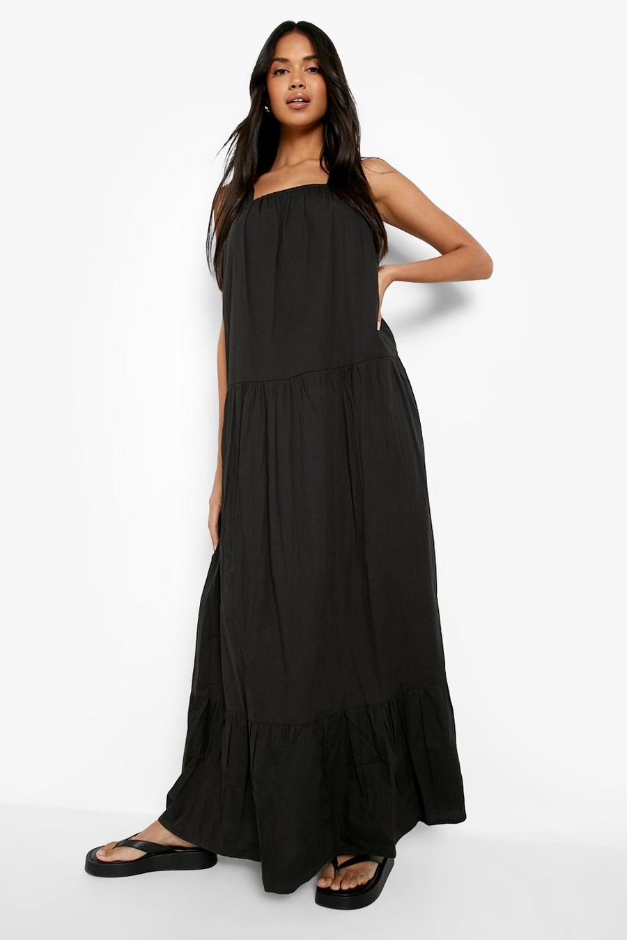 Black Cotton Wide Strap Tiered Maxi Dress image number 1