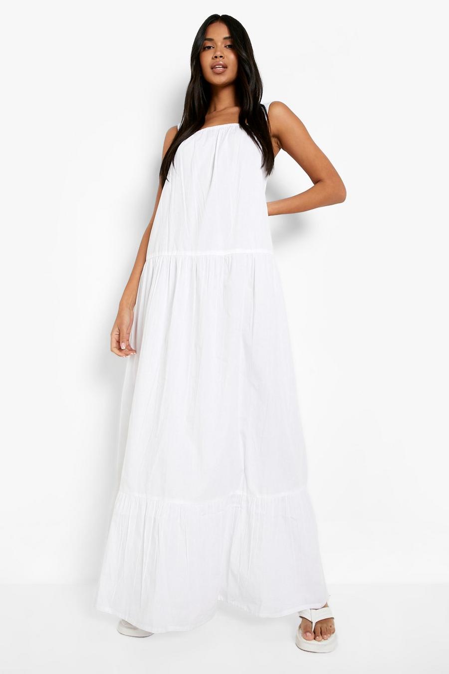 White Cotton Wide Strap Tiered Maxi Dress image number 1