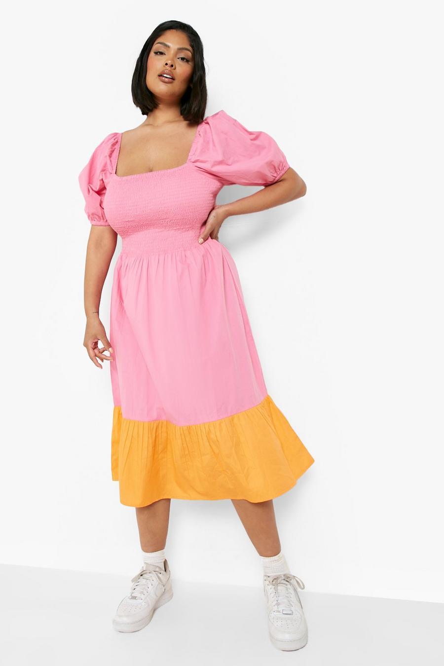 Pink Plus Cotton Colour Blok Shirred Midi Dress image number 1