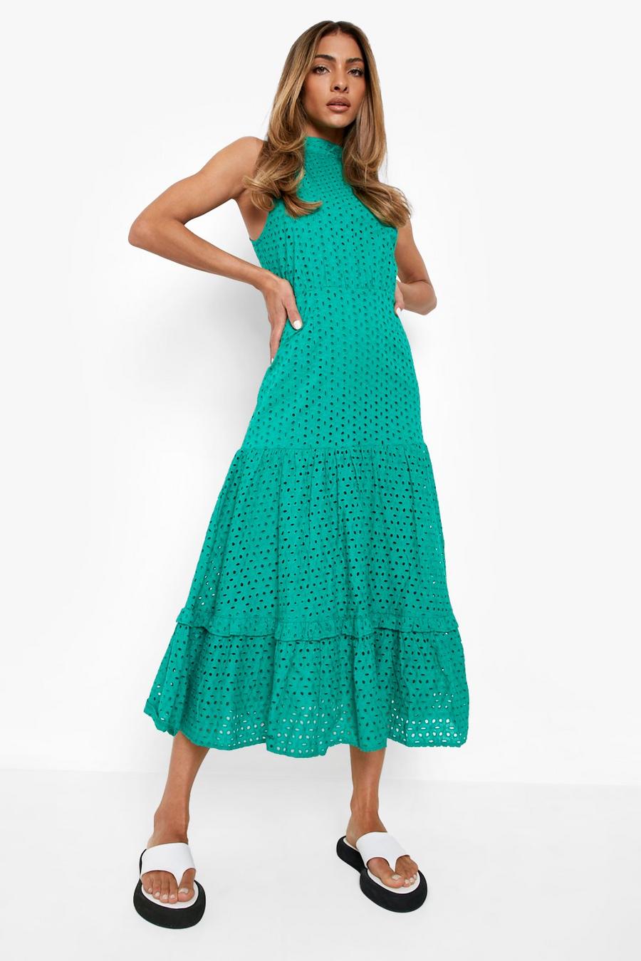 Green Broderie High Neck Midaxi Dress image number 1