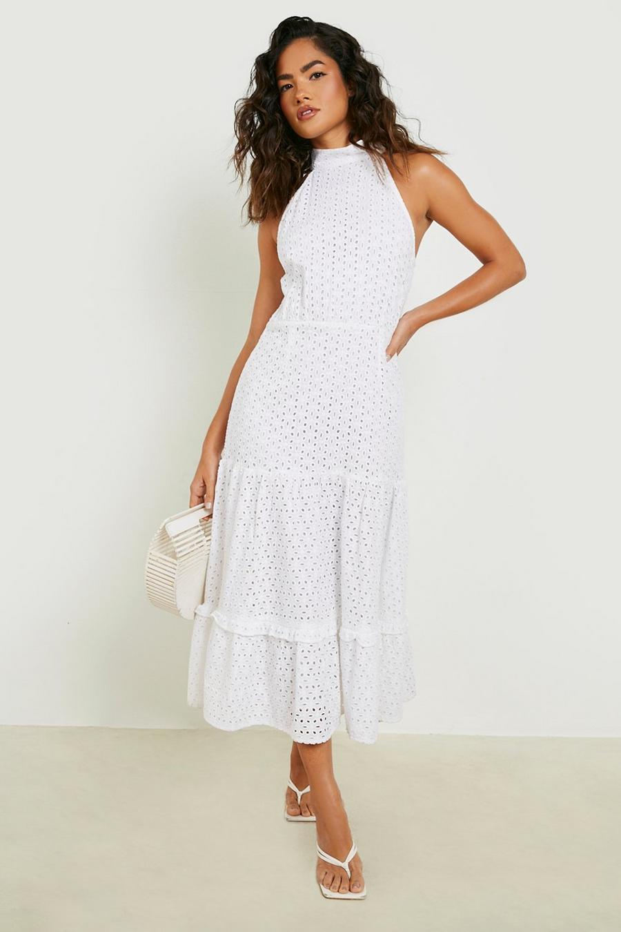 White blanc Broderie High Neck Midaxi Dress image number 1
