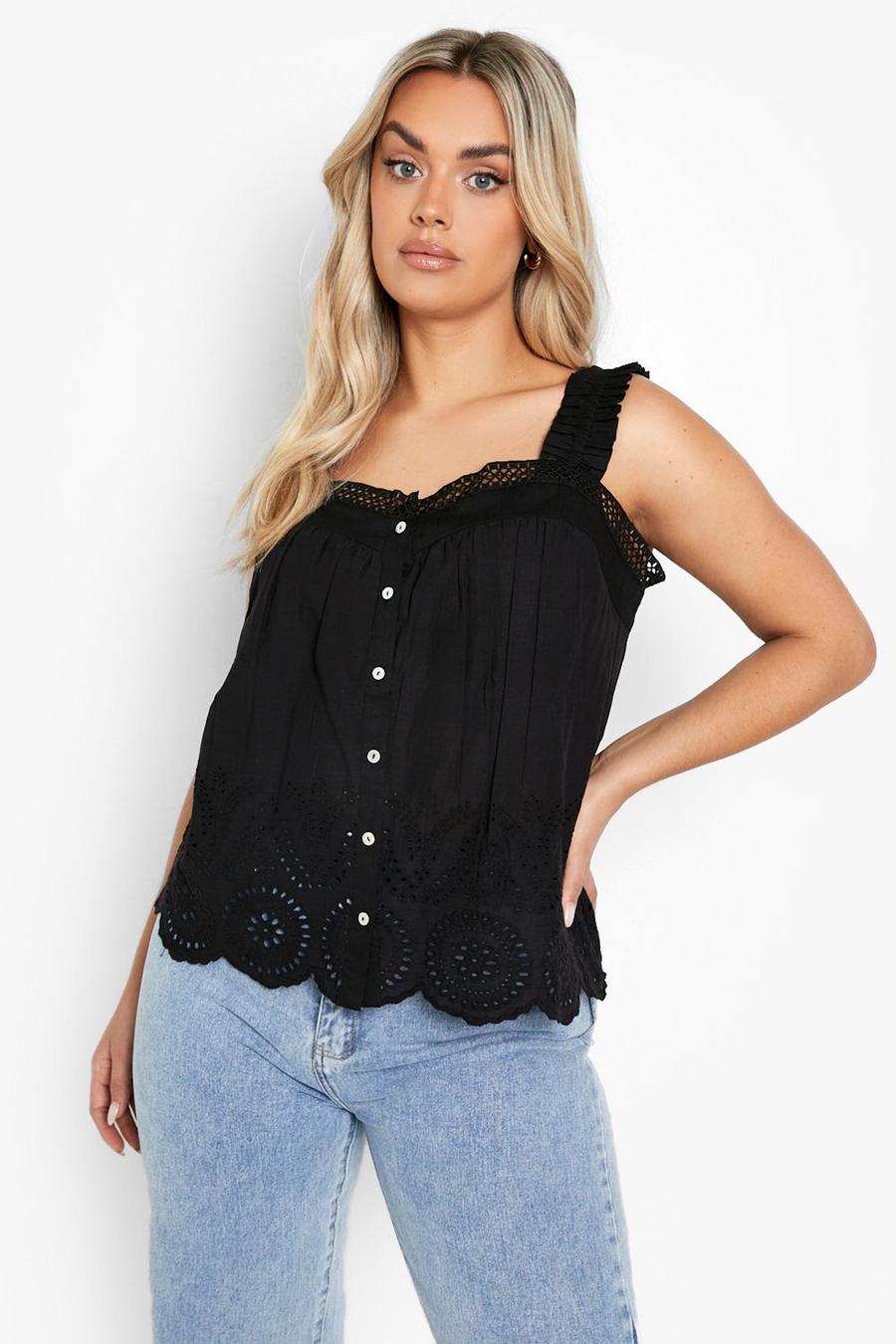 Black Plus Broderie Shirred Strap Button Down Cami  image number 1