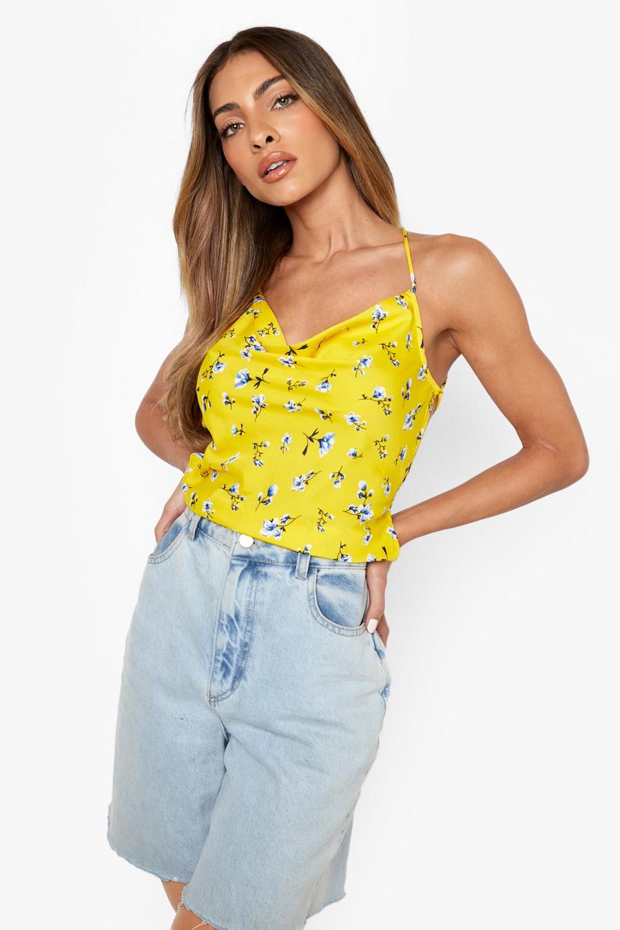 Yellow Woven Floral Lace Up Cami image number 1