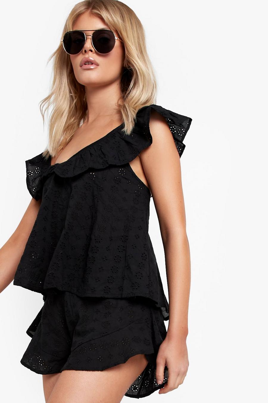 Black Ruffle Detail Broderie Top & Flippy Shorts image number 1