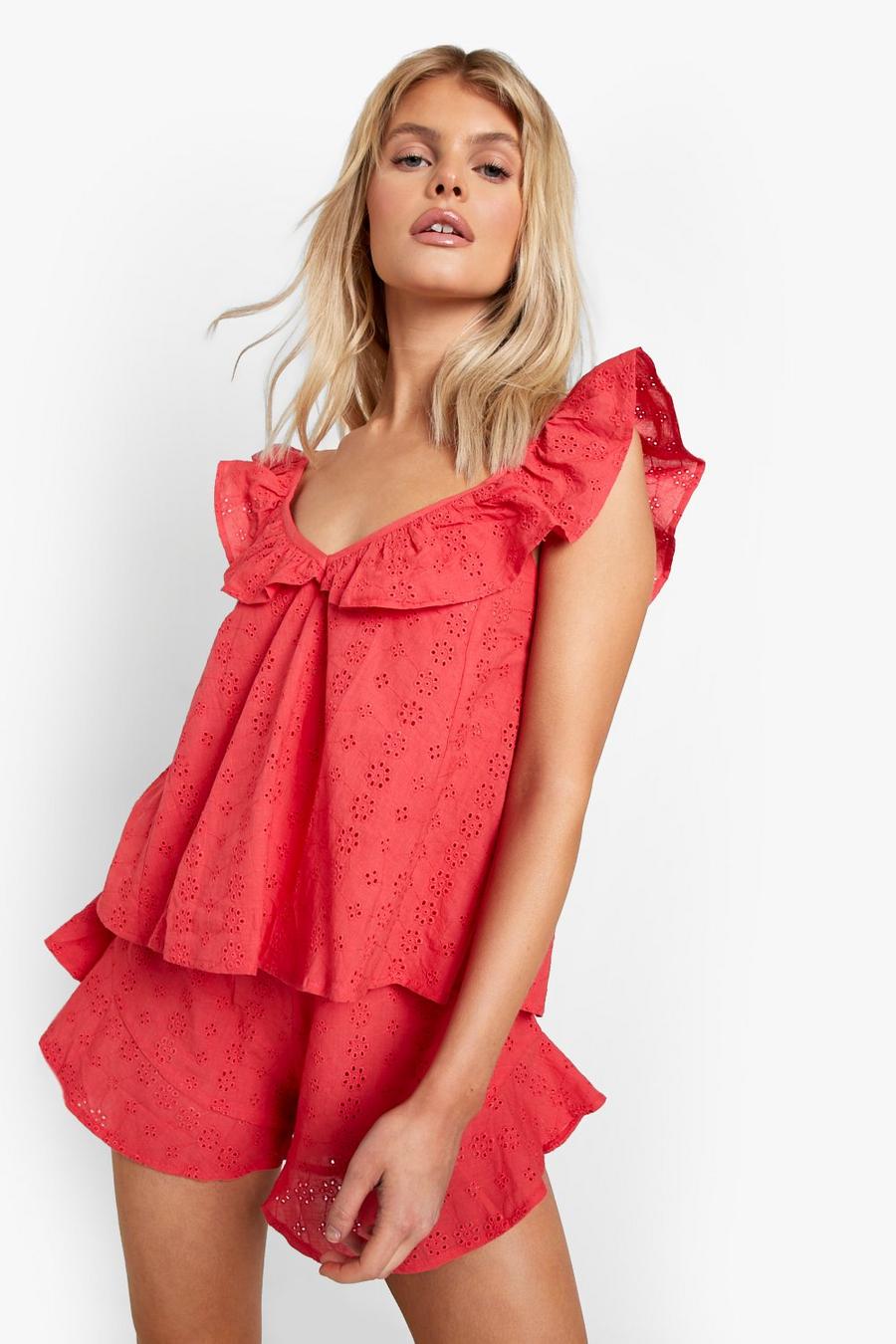 Red Ruffle Detail Eyelet Top & Flowy Shorts image number 1