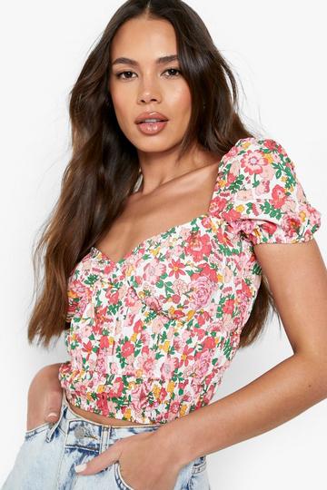 Floral Ruched Front Crop Top white