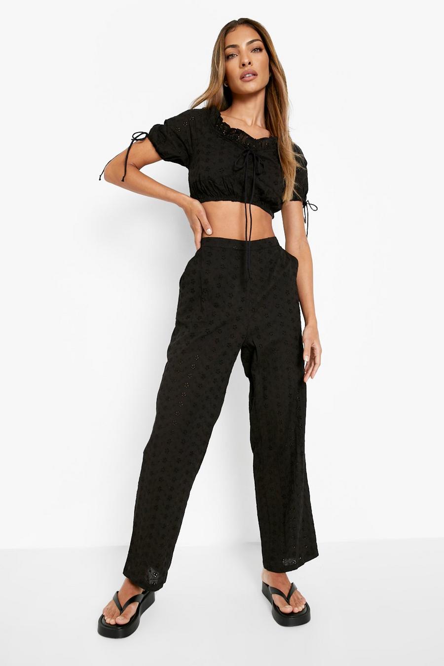 Black Embroidered Ruffle Crop & Straight Leg Pants image number 1