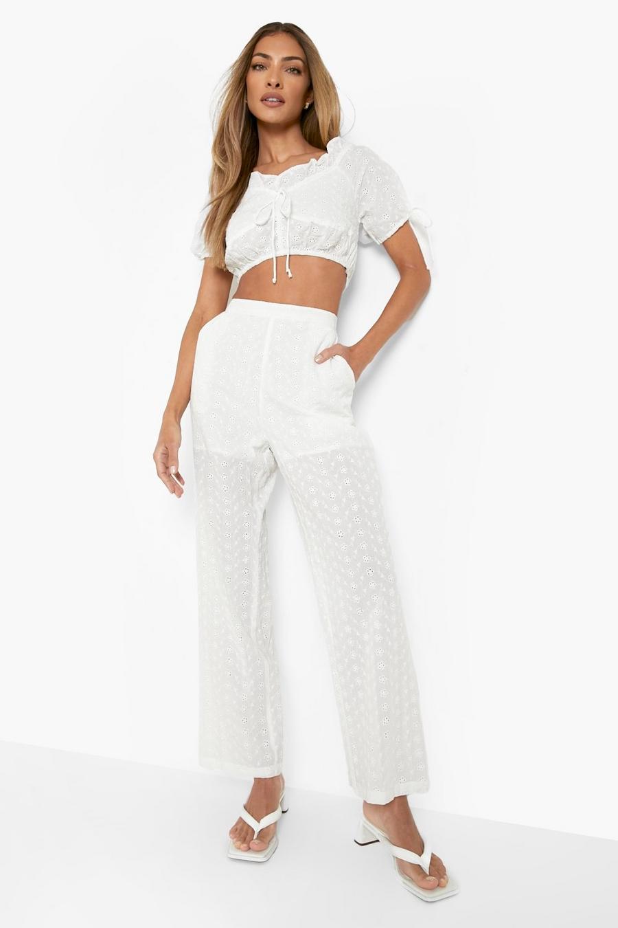White blanco Embroidered Ruffle Crop & Straight Leg Trousers