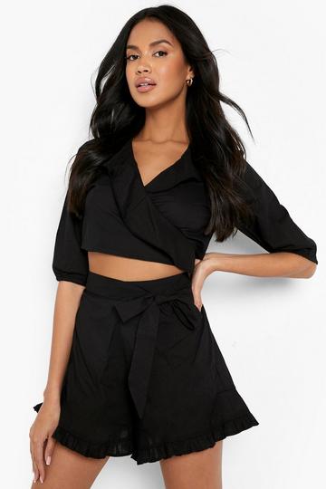 Black Wrap Front Crop & Frill Short'S