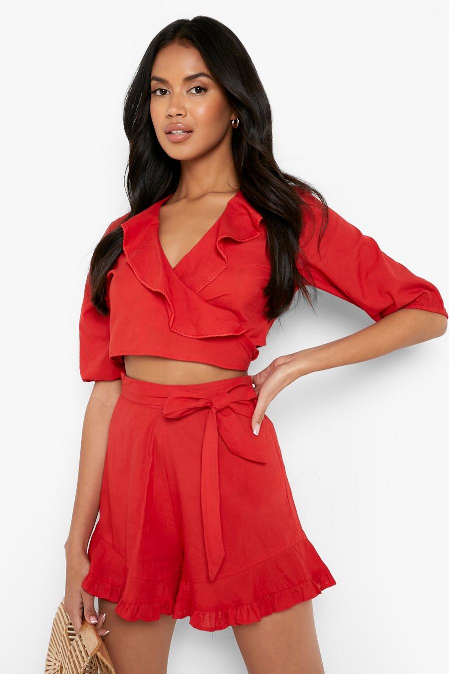 Red Wrap Front Crop & Frill Short'S image number 1