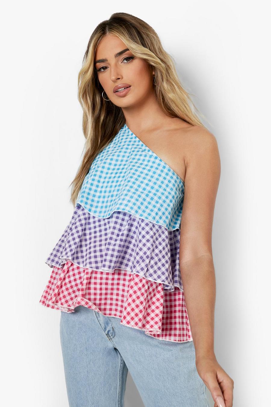 Multi Gingham Ruffle One Shoulder Top image number 1