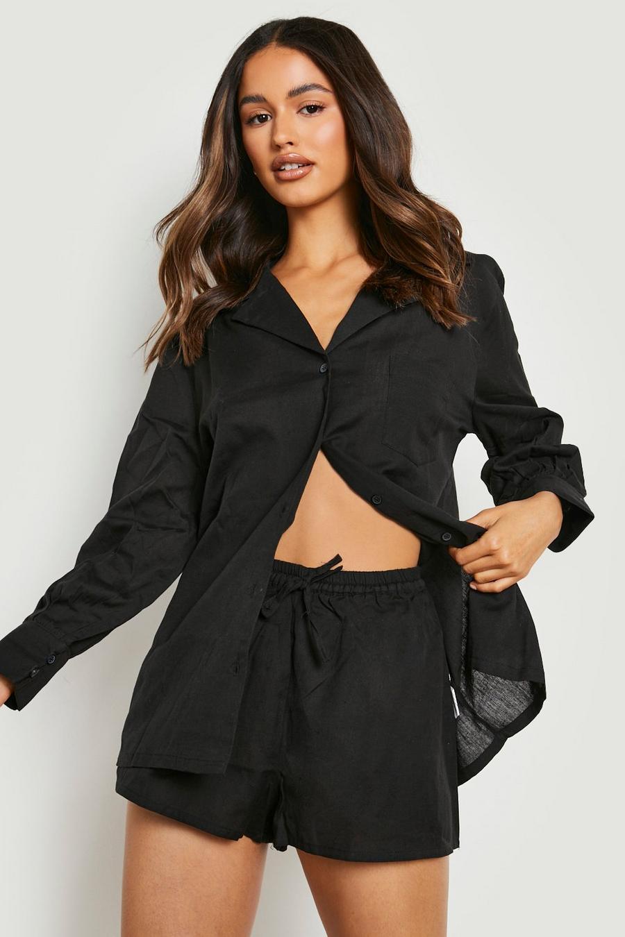 Black Linen Look Boyfriend Shirt & Relaxed Fit Shorts image number 1