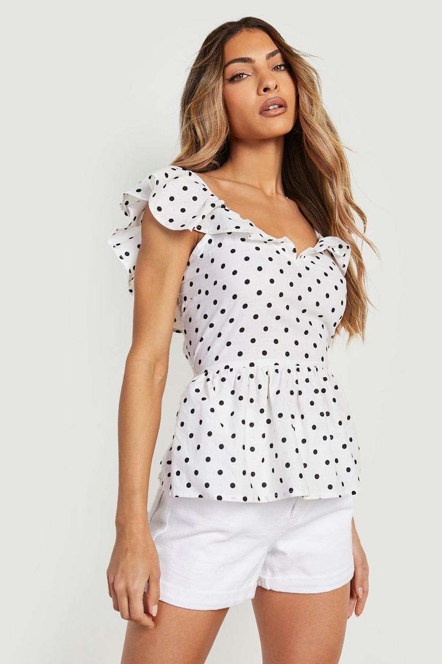 White Cotton Polka Dot Frill Sleeve Top image number 1