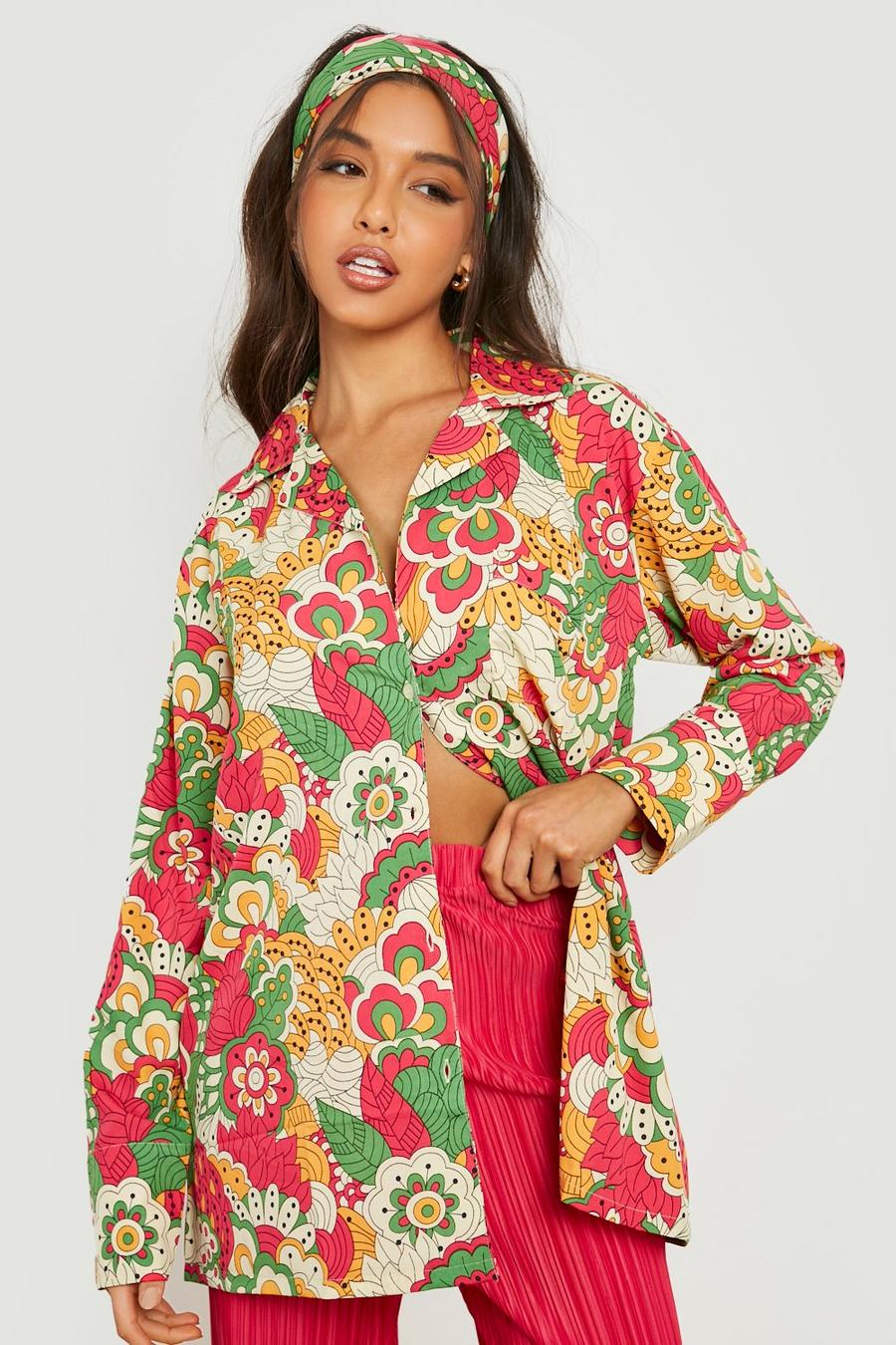 Green Printed Oversized Shirt & Headscarf image number 1