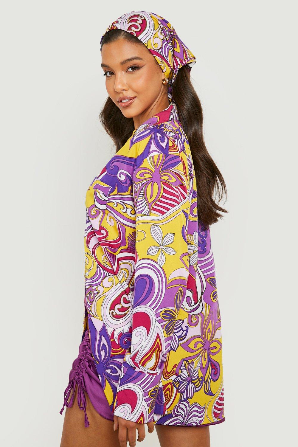 boohoo CONTRAST STITCH ワッフルシャツ & ショート 上下セット Printed Oversized Shirt & Headscarf | boohoo