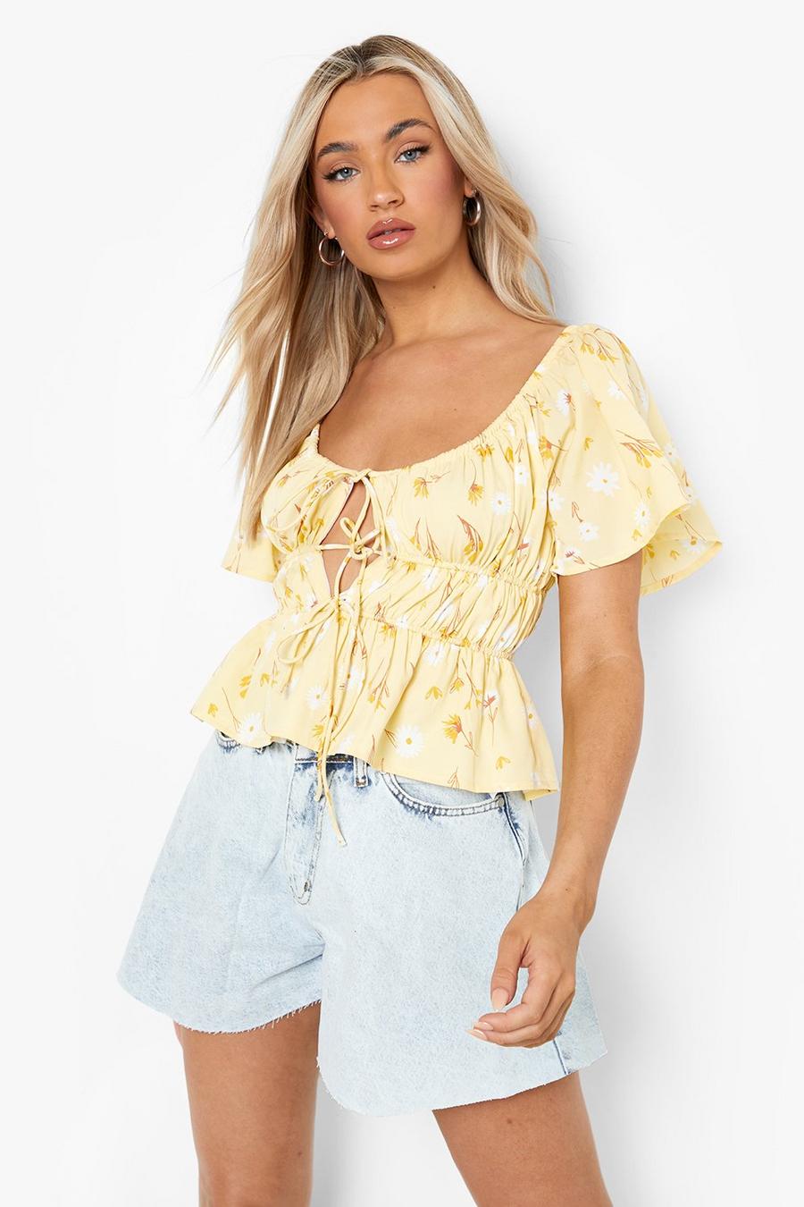 Lemon yellow Floral Ruched Front Top 