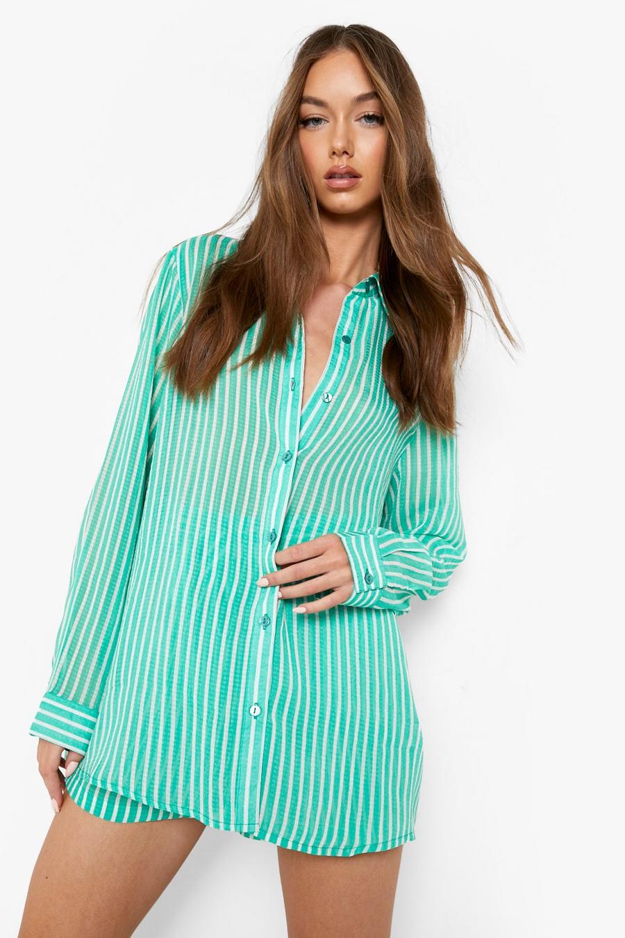 Green grön Textured Stripe Oversized Shirt image number 1