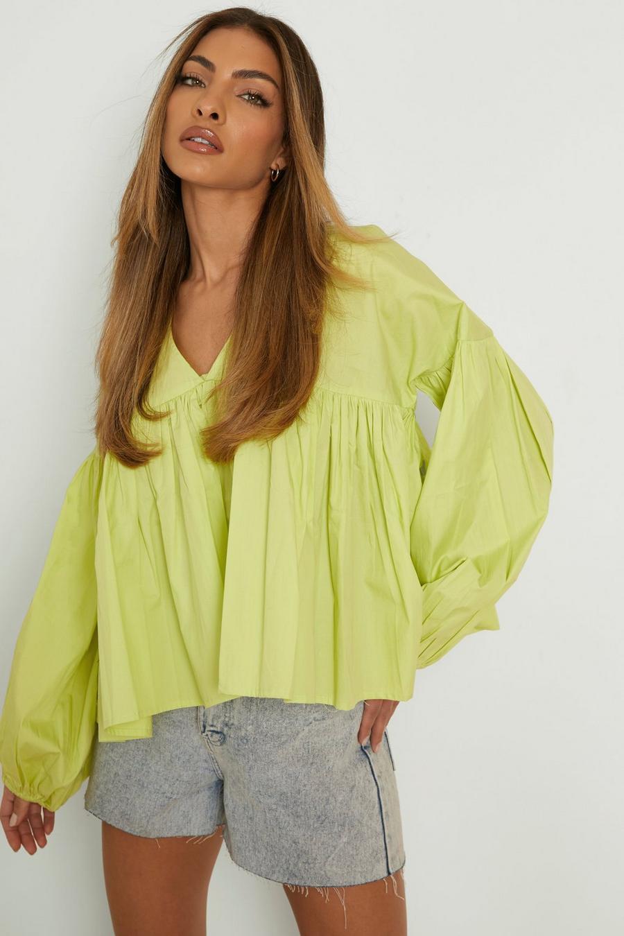 Lime Cotton Poplin Balloon Sleeve Top image number 1