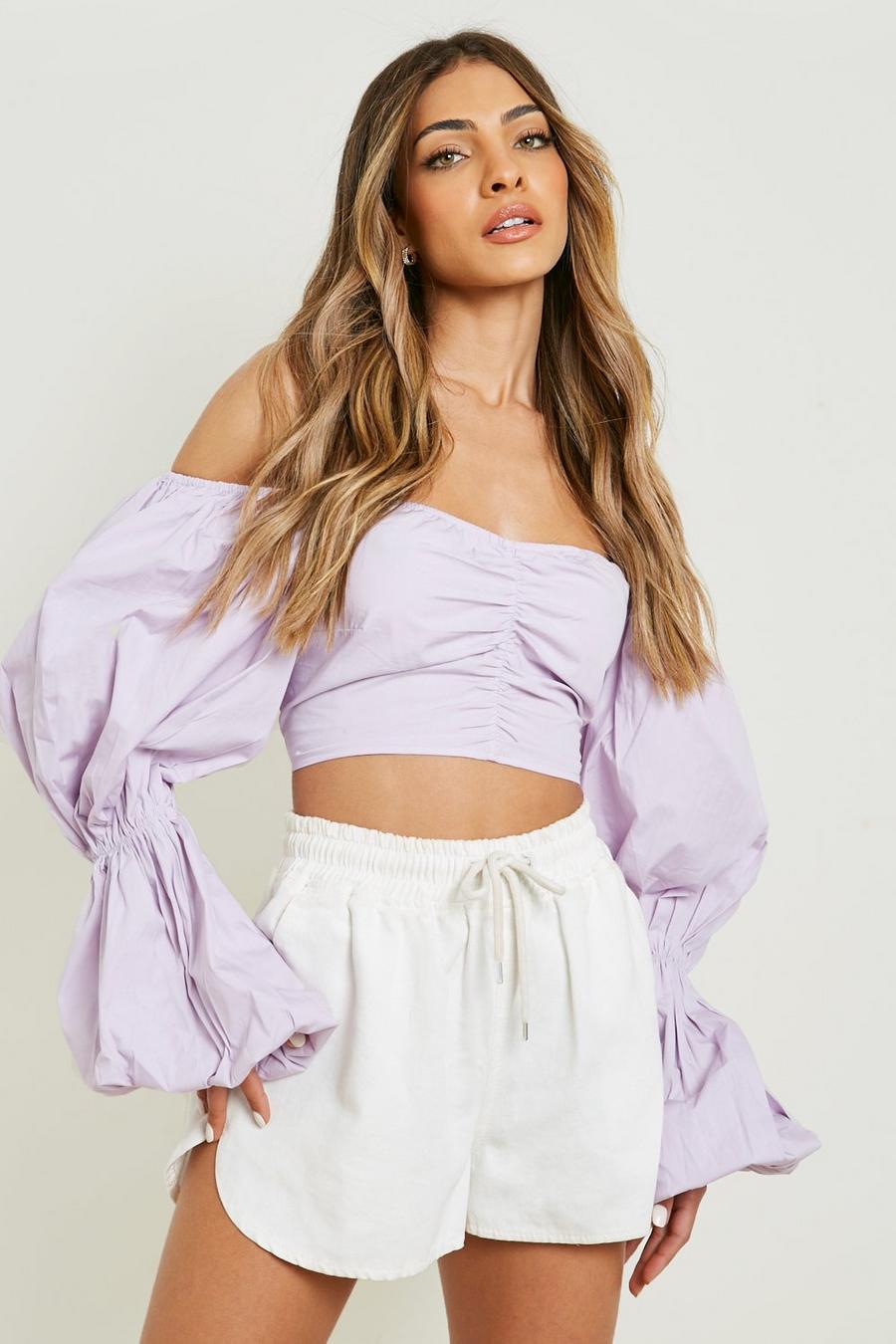 Lilac Cotton Poplin Puff Sleeve Off The Shoulder Crop Top image number 1