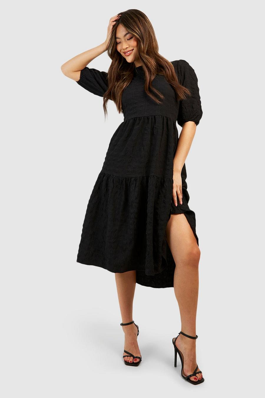 Black Textured Puff Sleeve Tiered Midi Dress