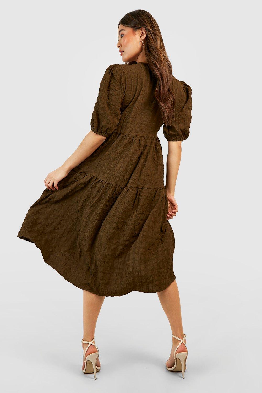 Textured Puff Sleeve Tiered Midi Dress