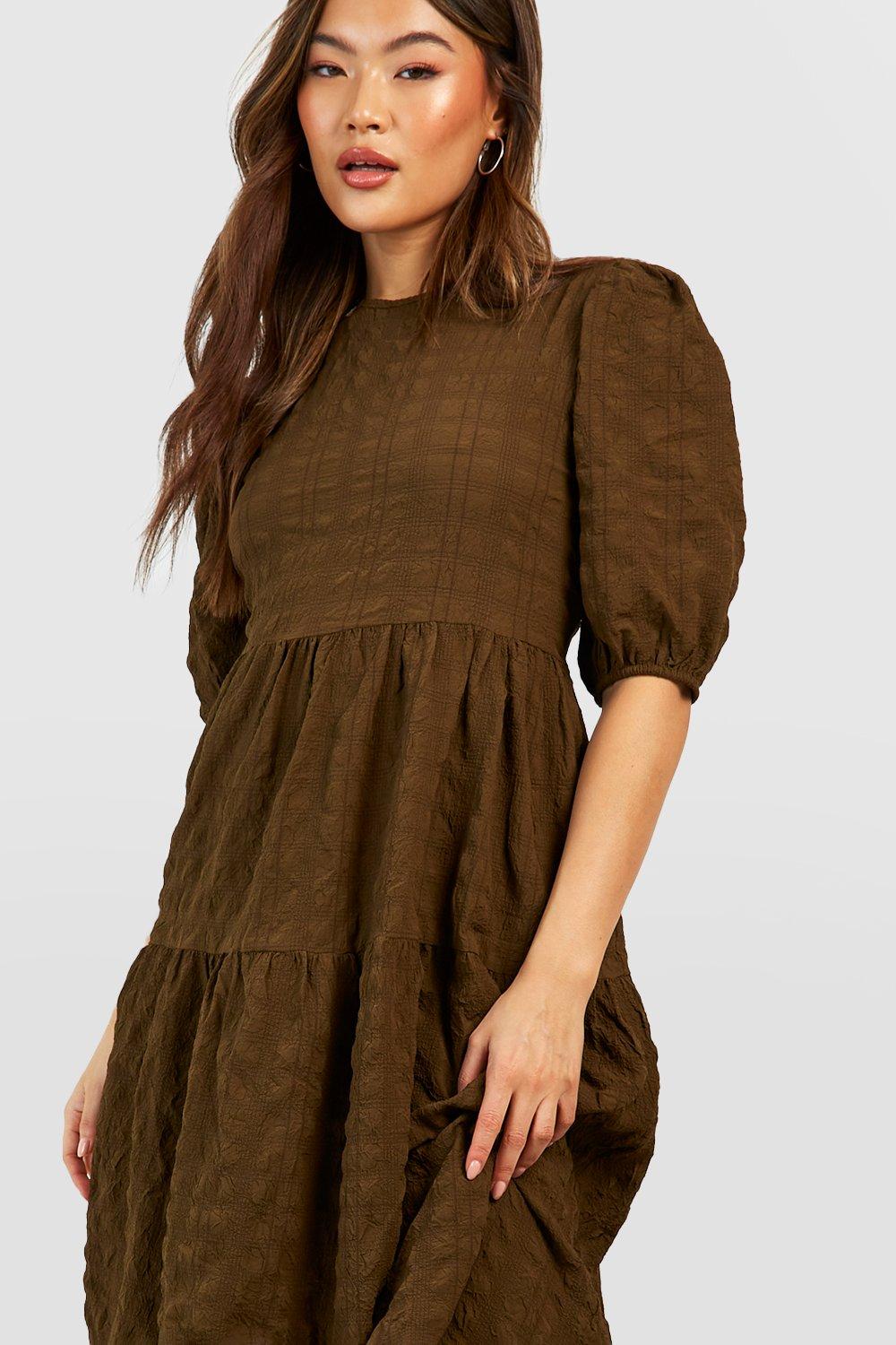 Textured Puff Sleeve Tiered Midi Dress | boohoo USA