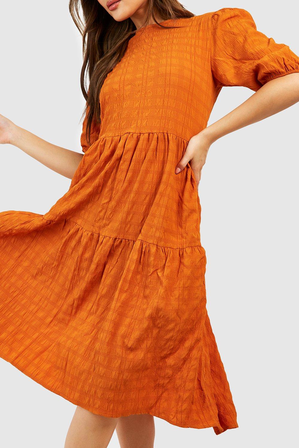 Textured Puff Sleeve Tiered Midi Dress