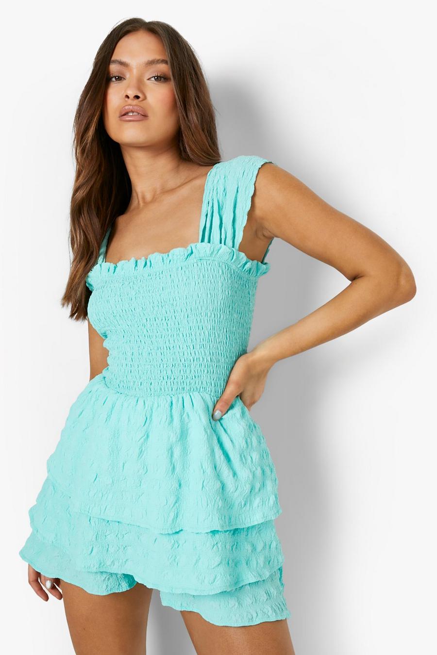 Mint green Textured Shirred Layered Romper image number 1