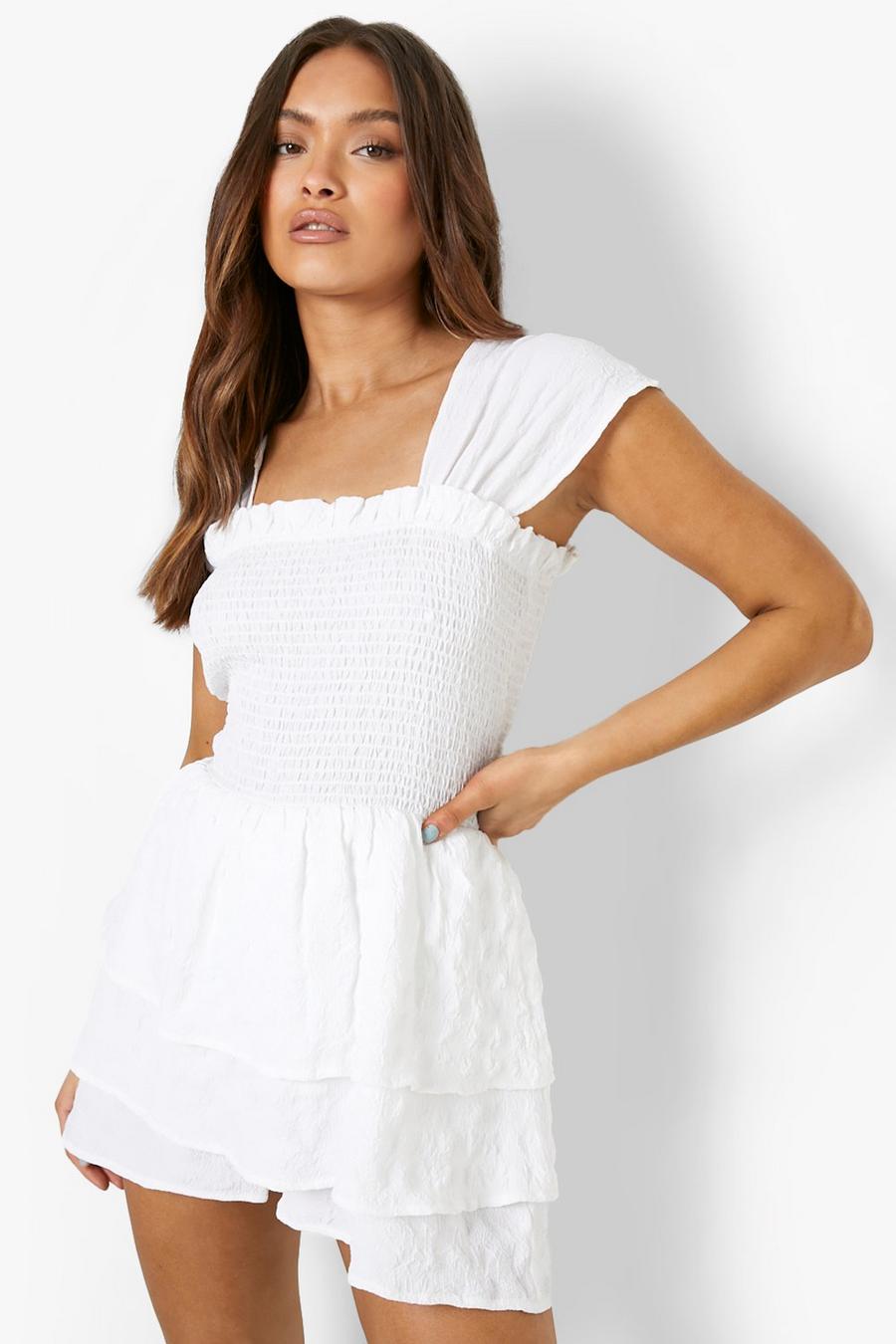 White Textured Shirred Layered Playsuit image number 1