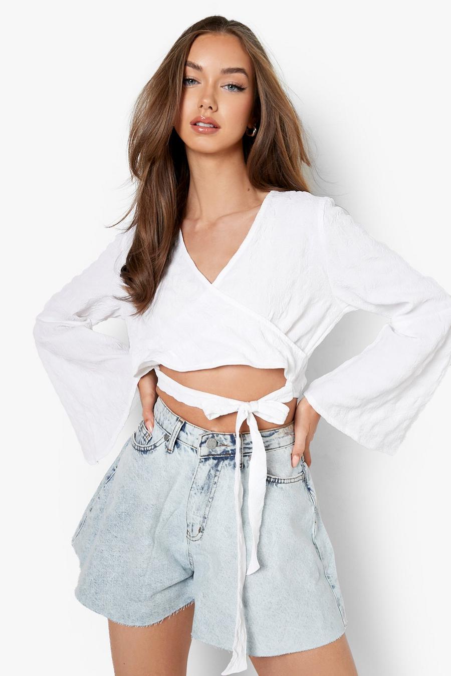 White Textured Flare Sleeve Wrap Crop Top  image number 1