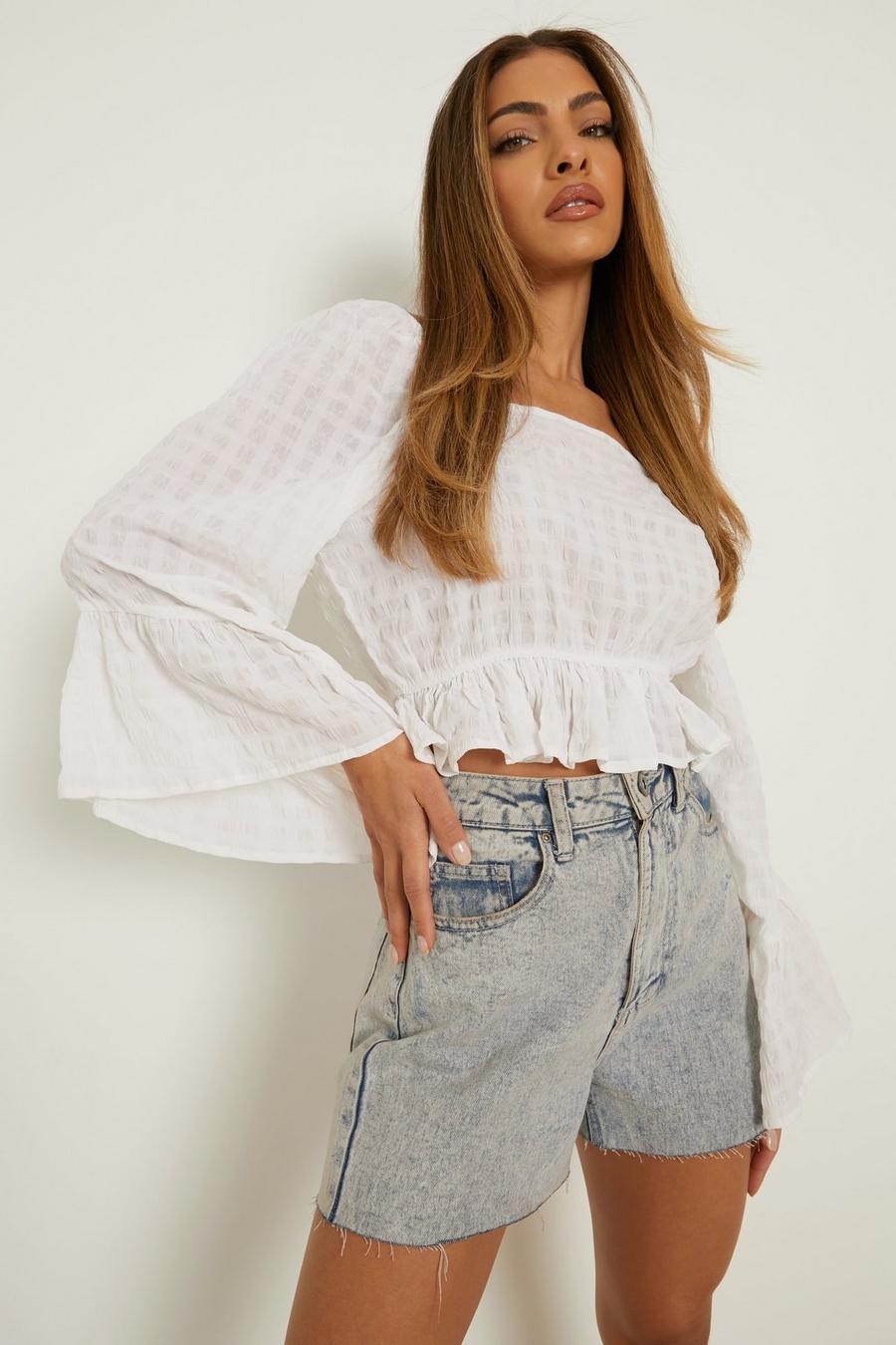 White Textured Bell Sleeve Frill Top image number 1