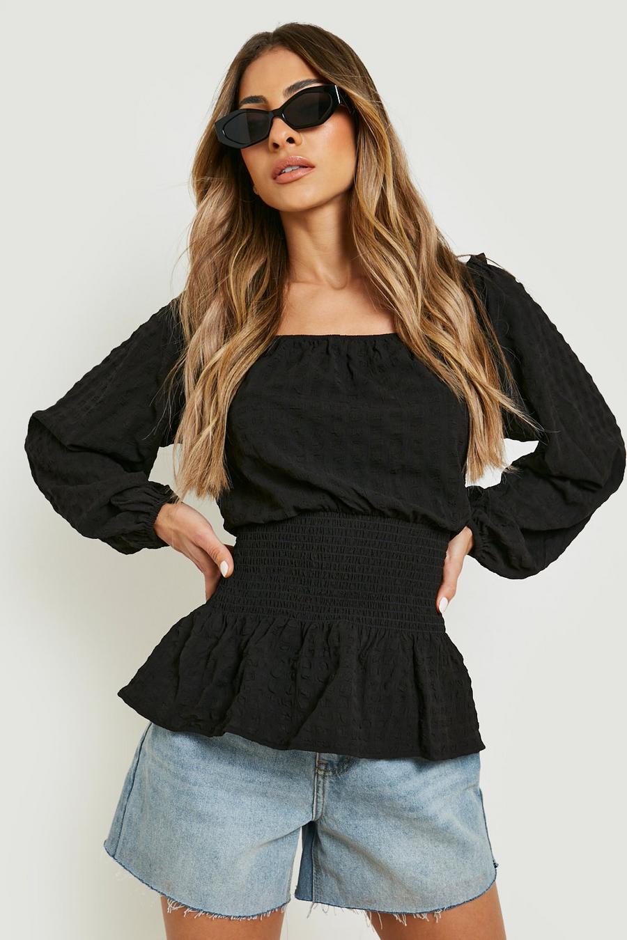 Black Textured Puff Sleeve Shirred Top image number 1