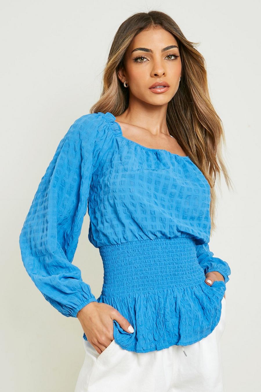 Bright blue Textured Puff Sleeve Shirred Top image number 1