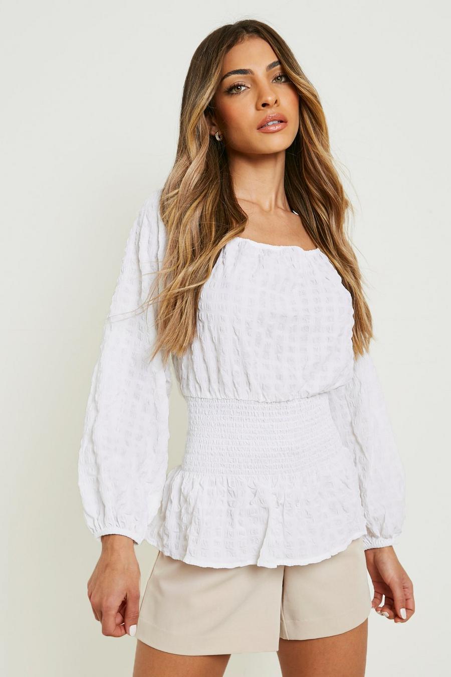 White Textured Puff Sleeve Shirred Top image number 1