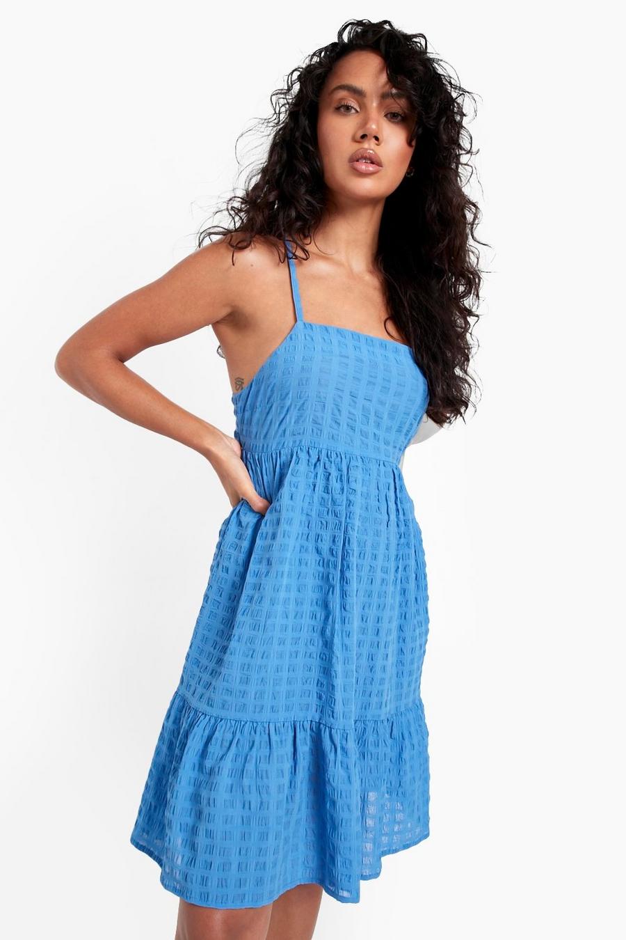 Bright blue Textured Strappy Smock Dress image number 1
