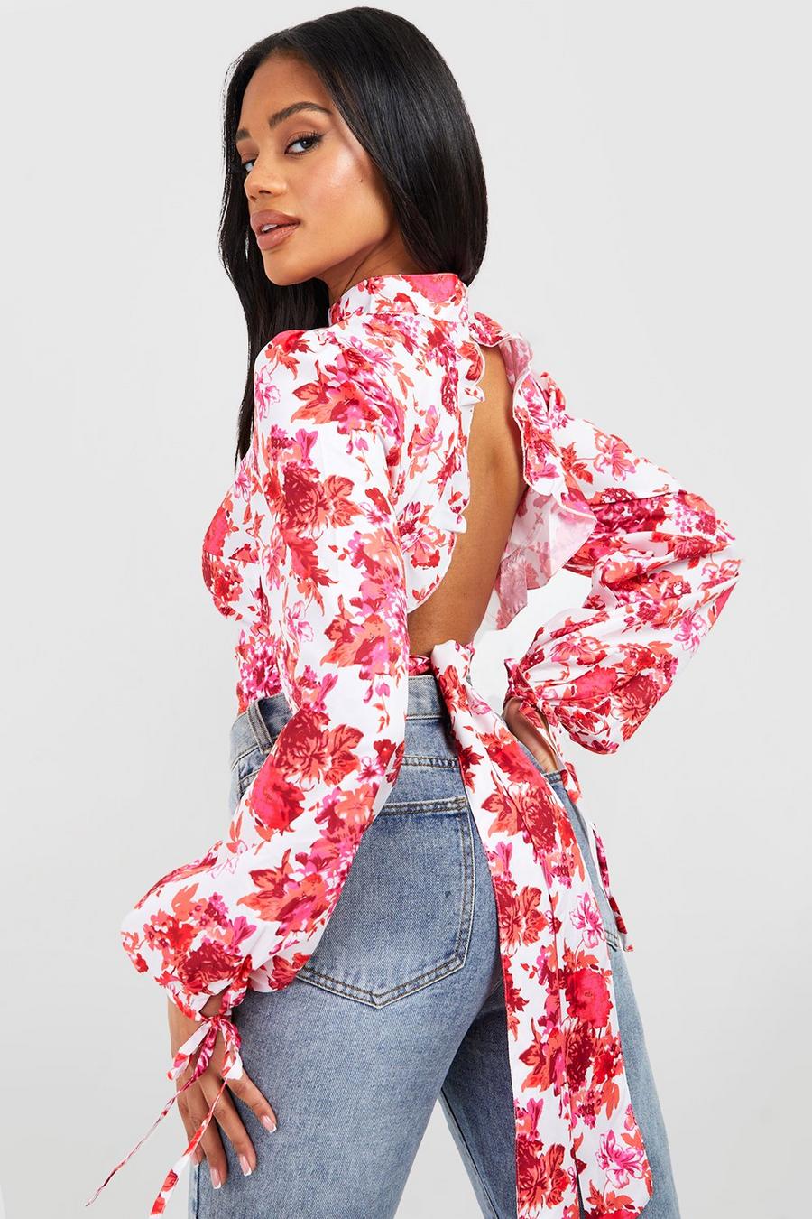 Red Woven Floral Tie Back Top