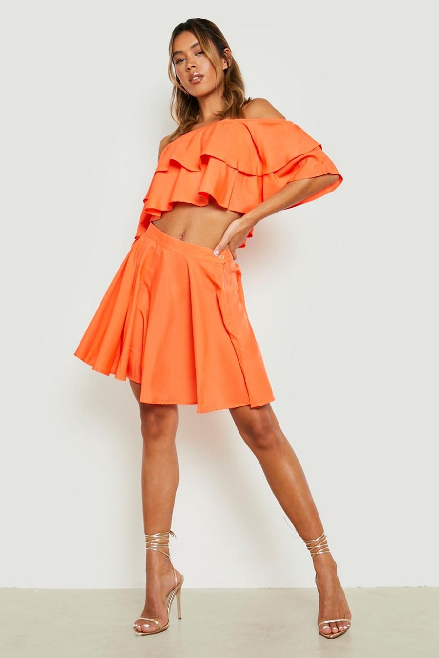 Orange Bardot Ruffle Detail Crop & Mini Skirt