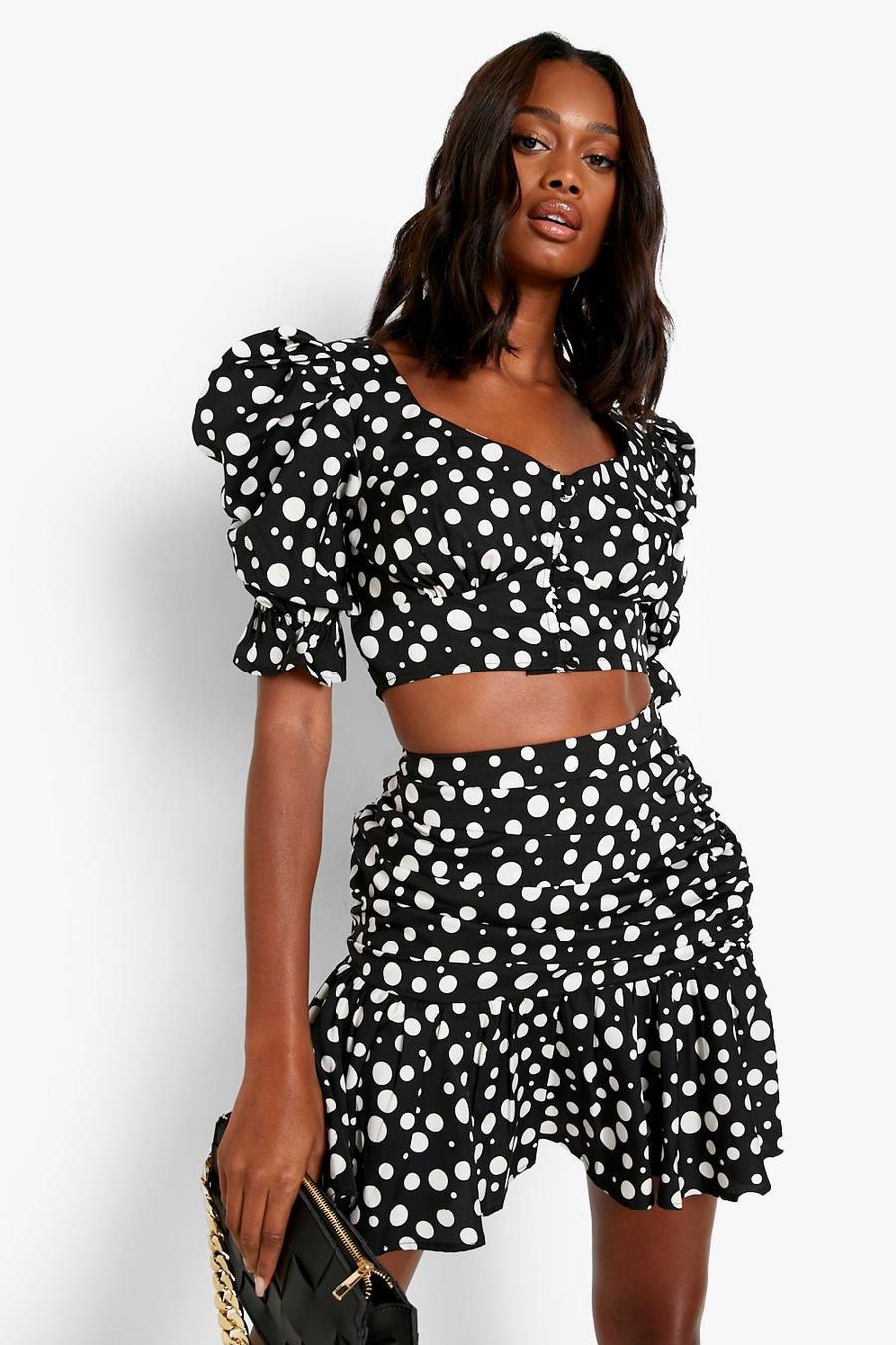 Black Polka Dot Puff Sleeve Top & Ruched Mini Skirt image number 1