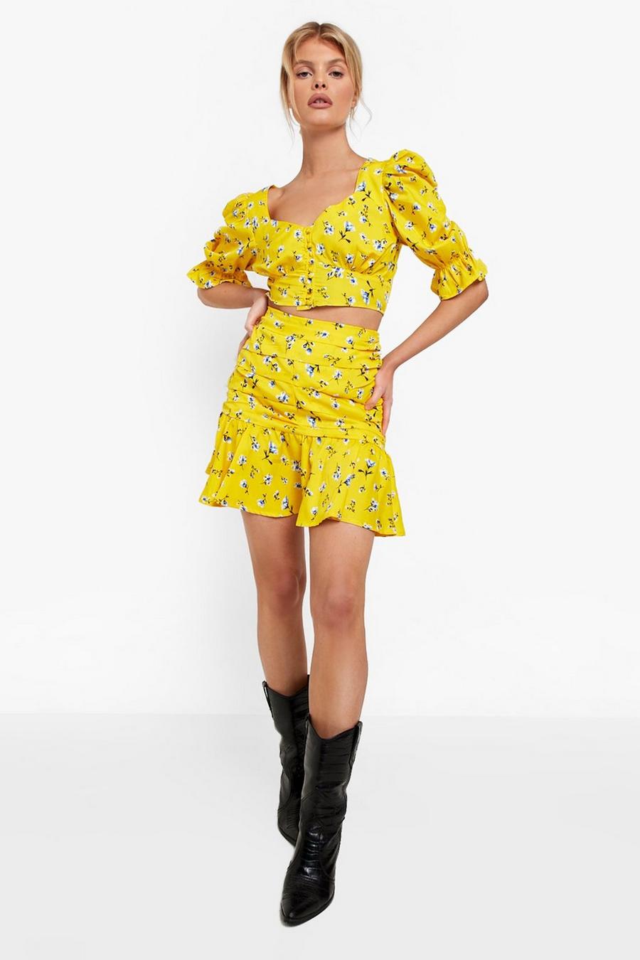 Yellow Printed Puff Sleeve Top & Ruched Mini Skirt image number 1